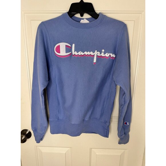 Retro Champion Reverse Weave XS Blue Crewneck Sweatshirt Vintage Style Womens - Picture 4 of 6
